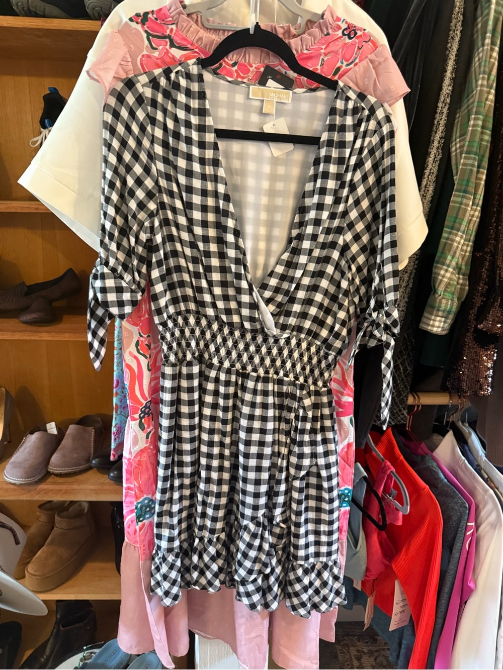 Michael Kors Black and White Gingham Tie-Sleeve Smocked Dress